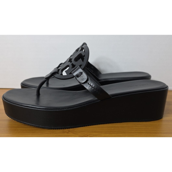 TORY BURCH Miller Wedge Platform Leather Sandals Black Excellent US 9.5M - Picture 2 of 16